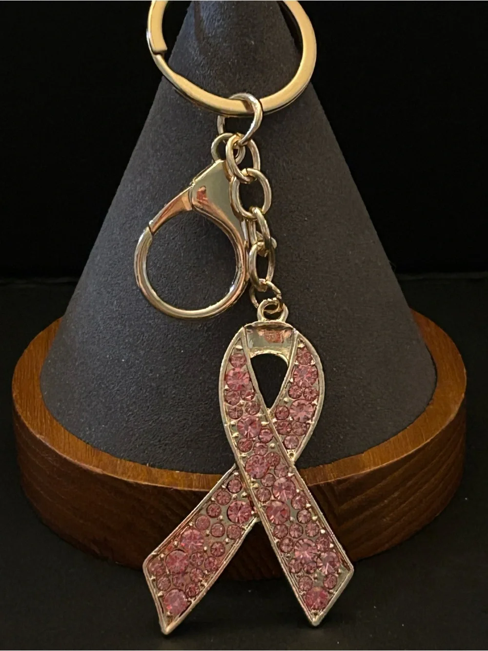 Pink Crystal Support Awareness Ribbon Card Holder Bag Charm Keychain - Gold